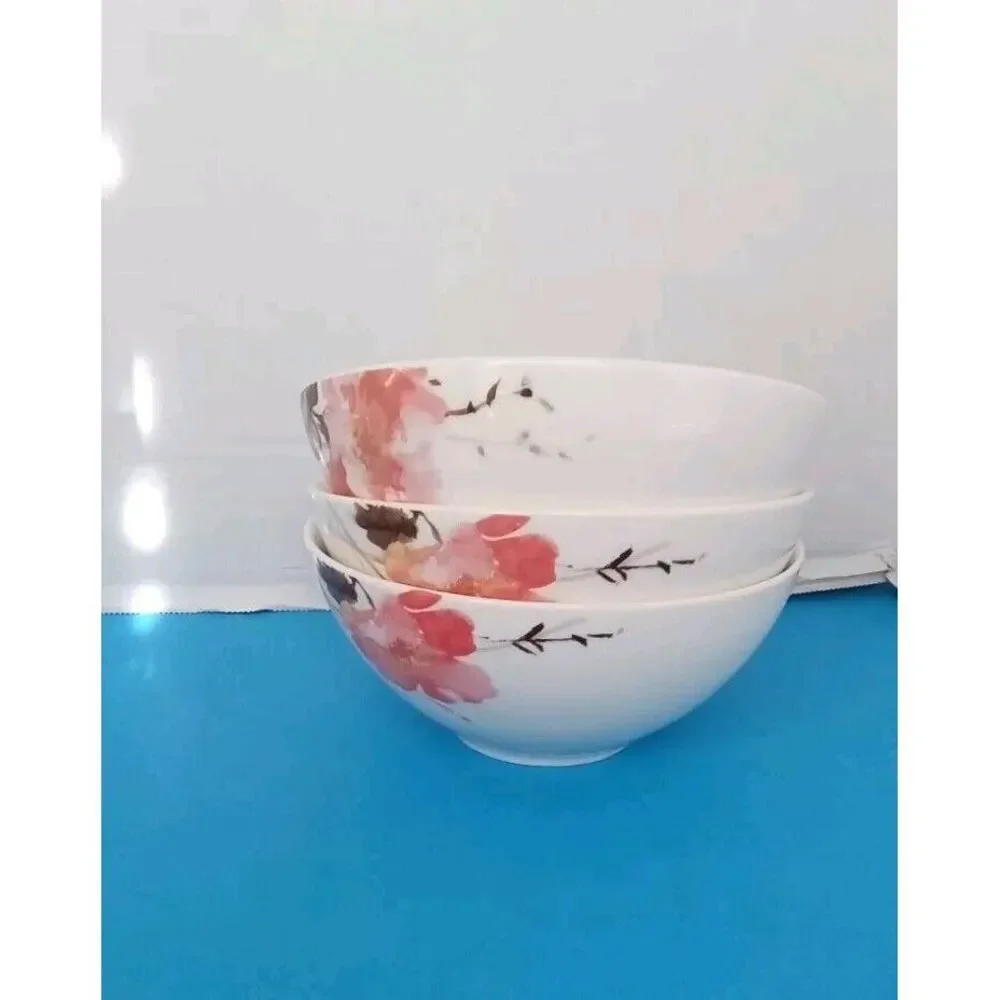 Elegant Asian-Inspired Ceramic Bowl  Cherry Blossom Design - Set of 3 Rice Bowls